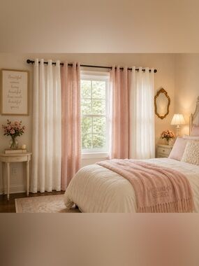 Coquette Blush Linen & White Grommet Curtain Set 62” + Victoria’s Secret Throw